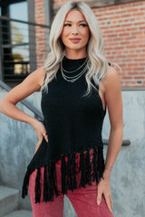 Hidden Spark Sleeveless Fringe Sweater (Black)