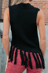 Hidden Spark Sleeveless Fringe Sweater (Black)