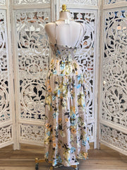 Beige Floral Ribbon Strap Dress- Slightly Stretchy, Estira Poco