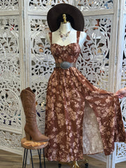 Brown Floral Maxi Dress- Stretchy, Estira