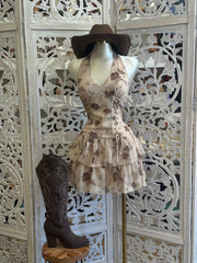 Brown Smocked Halter Mini Dress- Stretchy, Estira