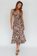 Turin V-Neckline Print Midi Dress Chocolate