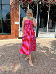 Audrey Pink and Red Striped Midi Dress