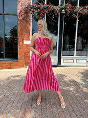 Audrey Pink and Red Striped Midi Dress