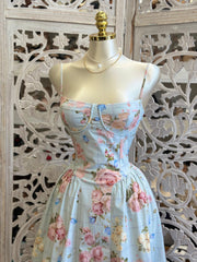 Pale Blue Floral Grid Dress -Not Stretchy, No Estira