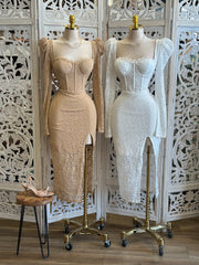 Puff Sleeve Lace MidiDress -Estira, Stretchy
