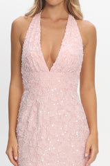 Ruelle Backless Halter Maxi Dress Sequin Blush