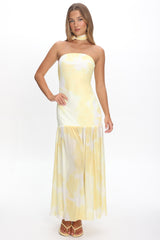 Antonella Strapless Waist Sash Maxi Dress Marbled Yellow