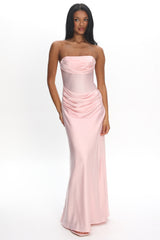 Unforgettable Day Drape Waist Strapless Maxi Dress Blush