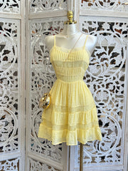 Tiered Yellow Lace Mini Dress- Slightly Stretchy,Estira Poco