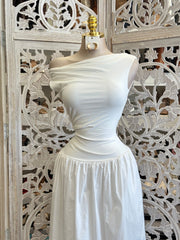 Asymmetrical White Midi Dress- Stretchy, Estira