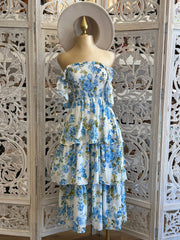 Smocked Blue Floral Ruffle Dress- Stretchy, Estira