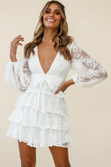 Queensland Balloon Sleeve Tiered Frill Lace Dress White