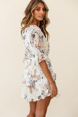 Wife Me Crew Neck Ruffle Insert Dress Floral Print Beige