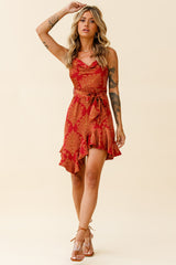 On The Prowl Cowl Neck Asymmetrical Hem Dress Leaf Print Wine