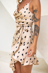 On The Prowl Cowl Neck Asymmetrical Hem Dress Animal Print Beige