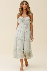 Priscilla Tied Bust Frill Detail Maxi Dress Floral Print Olive