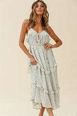 Priscilla Tied Bust Frill Detail Maxi Dress Floral Print Olive
