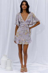 My Belle Cut-Out Detail Frill Accent Dress Vintage Floral Print Lilac
