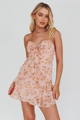 Flower Child Bust Tie Ruffle Trim Dress Roses Blush