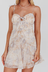 Flower Child Bust Tie Ruffle Trim Dress Rose Floral Print Beige