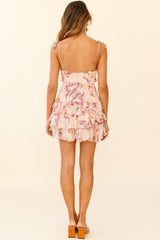 Flower Child Bust Tie Ruffle Trim Dress Floral Print Nude