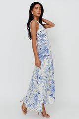 Perla V-Neck Drawstring Maxi Dress Floral Blue