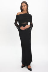 Alivya Asymmetric Neckline Lace Trim Maxi Dress Black