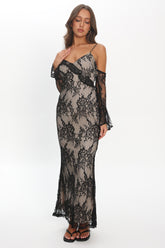 Zarah Off-Shoulder Sleeve Lace Maxi Dress Black