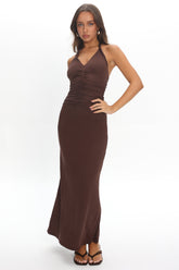 Mixed Feelings Ruched Bodice Halter Maxi Dress Chocolate