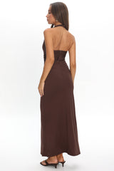 Mixed Feelings Ruched Bodice Halter Maxi Dress Chocolate