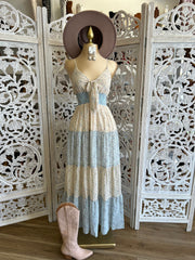 Bow Light Blue Multi Color Floral Maxi Dress- Not Stretchy