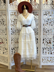 Lace Trim Mid Sleeve Maxi Dress- Not Stretchy