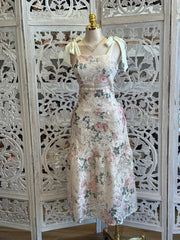 Ribbon Sleeve Floral Crochet Midi Dress- Not Stretchy ,No Estira