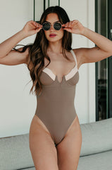 Gone Swimming Ribbed One Piece Swimsuit (Beige/Brown)