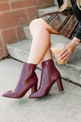Letting Glow Block Heel Pointed Booties (Burgundy)