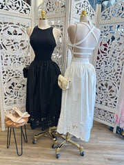 Cross back Eyelet Midi Dress- Estira Poco, Slightly Stretchy