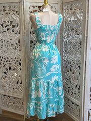 Bright Turquoise Maxi Floral Dress- Stretchy, Estira