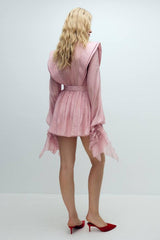 Solid Ruffle Lantern Sleeve Mini Dress With Belt