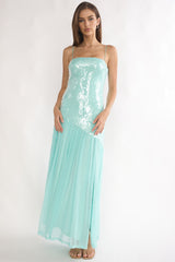 Azure Sun Drop Waist Split Maxi Dress Sequin Aqua
