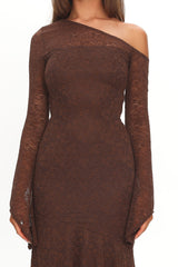 Lylah Asymmetric Neckline Long Sleeve Maxi Dress Lace Chocolate