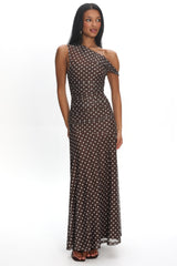 Lylah Asymmetric Neckline Mesh Maxi Dress Polka Dot Chocolate