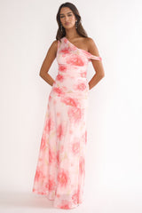 Lylah Asymmetric Neckline Mesh Maxi Dress Floral Pink