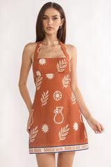 Ramonah Halterneck Mini Dress Print Tan