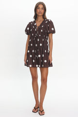 Antibes Tie Front Puff Sleeve Mini Dress Chocolate/White
