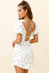 Indiana Puff Sleeve Lace-Up Back Dress Spot Print White