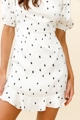 Indiana Puff Sleeve Lace-Up Back Dress Spot Print White