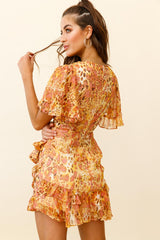 Jessi Faux Wrap Ruffle Trim Dress Leopard Print Orange