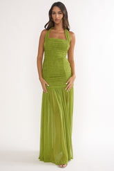 Galinda Ruched Bodice Halterneck Maxi Dress Olive