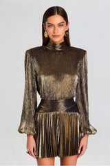 Metallic Fabric Pleated Stand Collar Mini Dress